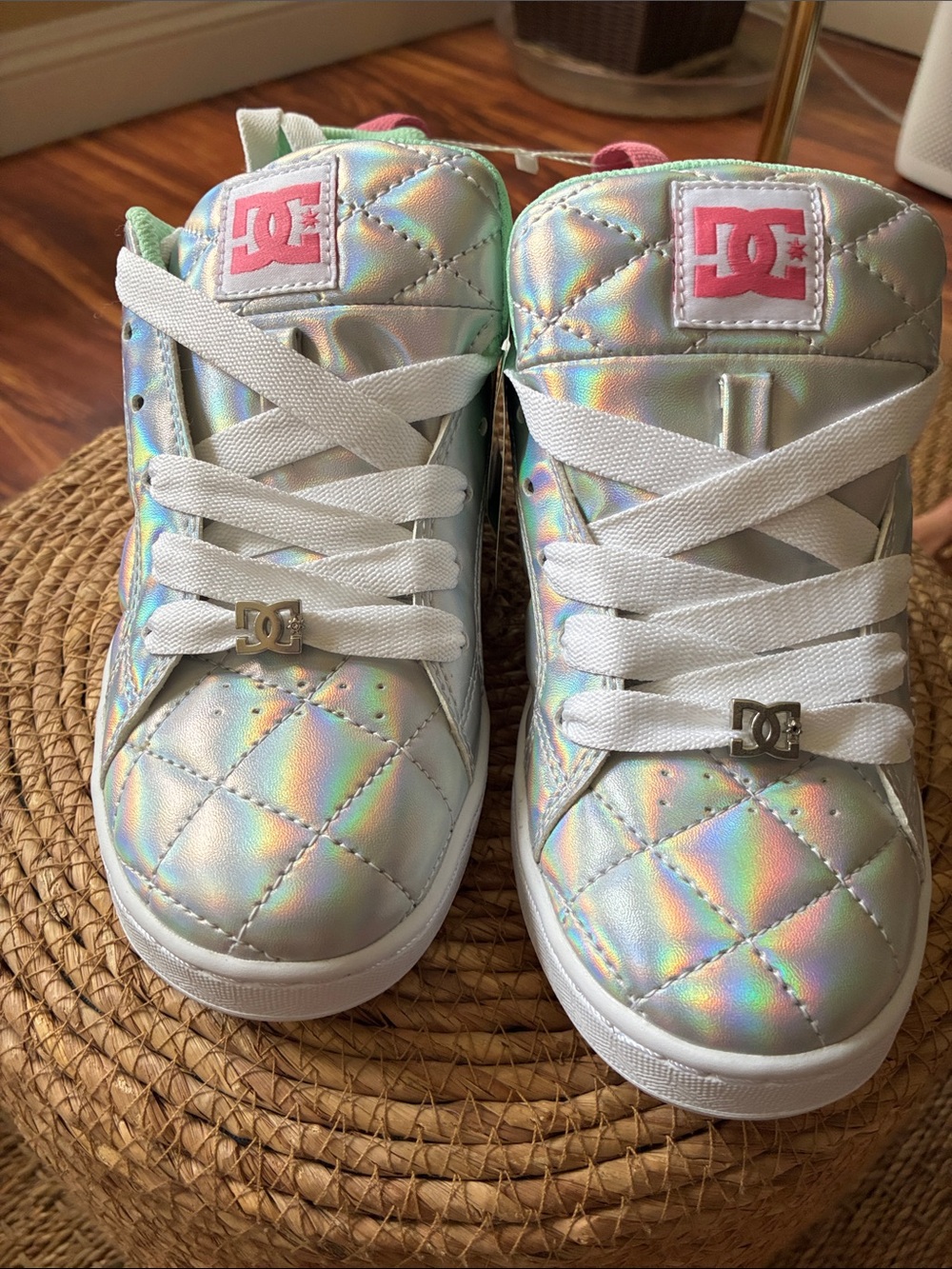DC Kids Holographic Quilted Sneakers with Pink Logo and White Laces